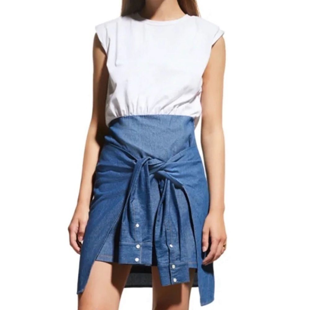 NWT Veronica Beard White and Chambray Clayton Sleeveless Shoulder Pad Dress S